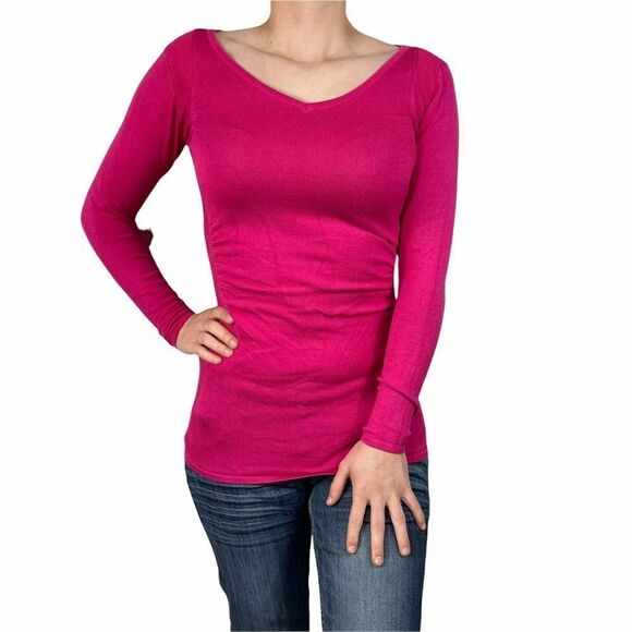 Say What? Ribbed V-Neck Pink Long Sleeve To - Picture 1 of 5